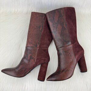 New Women's 42 Gold Kolby Mid Calf Boots Booties Size 8.5 Brunette Snake Suede